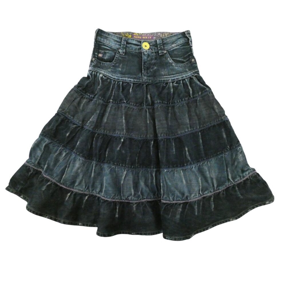 vtg MISS SIXTY girls tiered denim skirt sz 10 y2k acid wash